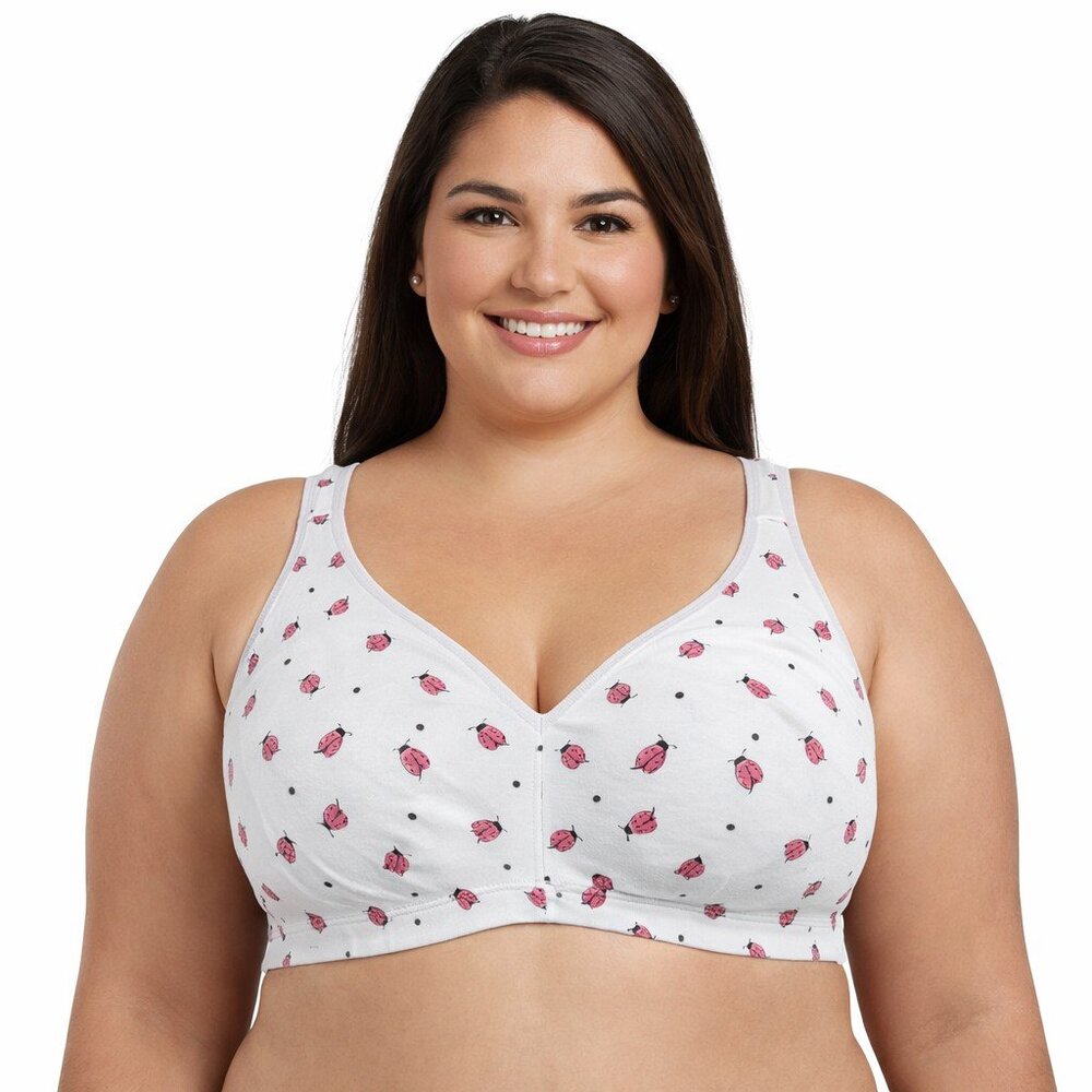 Catherines Intimates Bra 48C Cotton Front Close White Pink Ladybugs